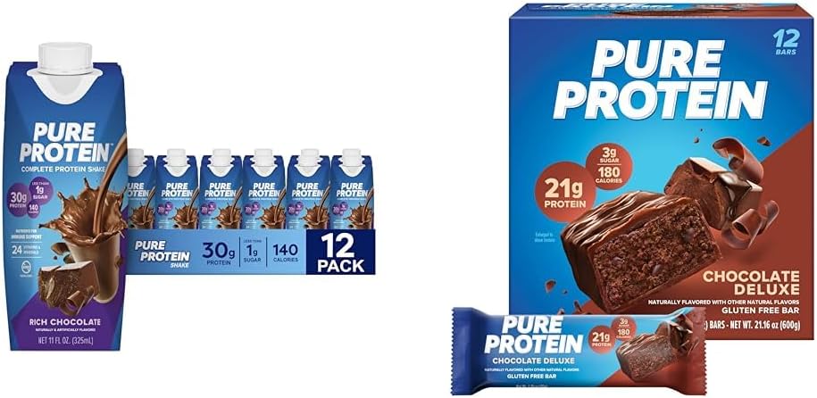 Pure Protein Chocolate Protein Shake & Bars, High Protein, Nutritious Snacks to Support Energy, Low Sugar, Gluten Free, Chocolate Deluxe, 1.76 oz., 12 Count(Pack of 1) (Packaging may vary)