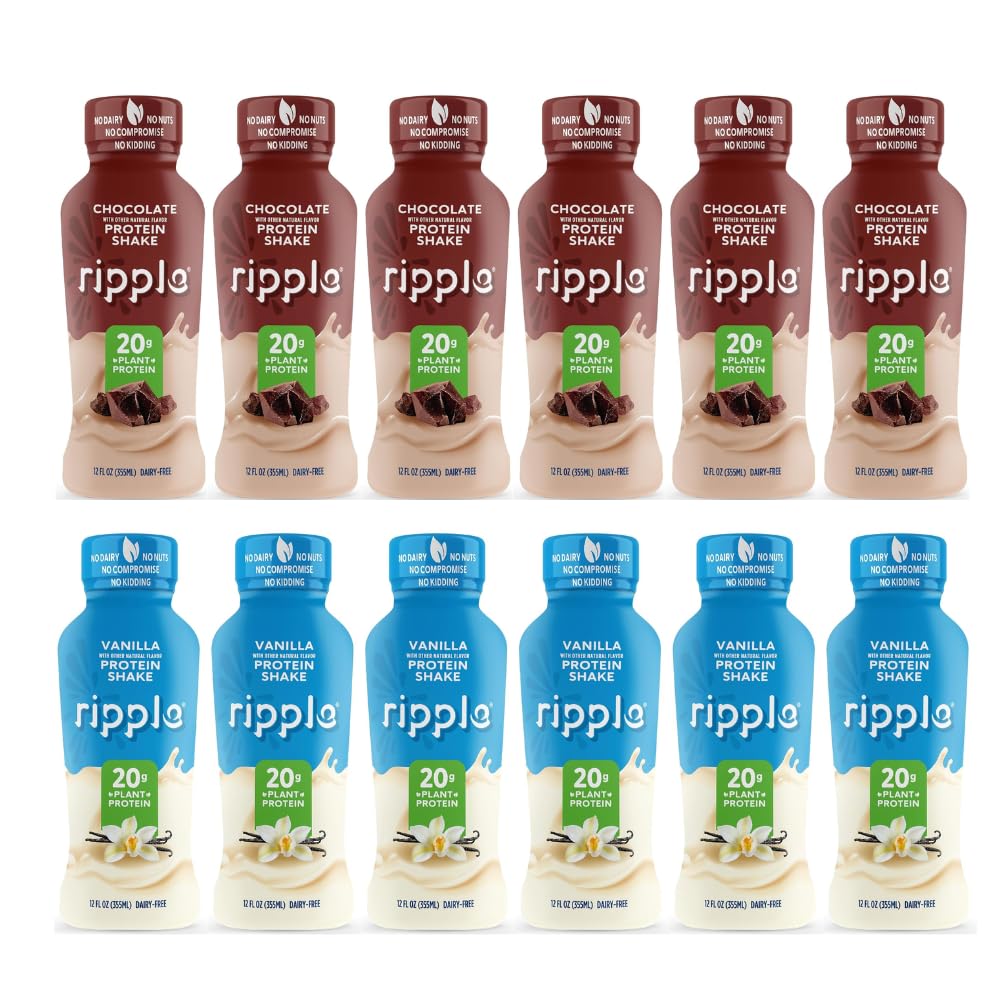 Ripple Chocolate Plant Based Protein Shake | 20g of Quality Sourced Pea Protein, Calcium Rich, Cocoa | Shelf Stable | Vegan & Non GMO | Dairy, Soy, Nut, & Gluten Free | 12 Fl Oz Bottles (Pack of 12)
