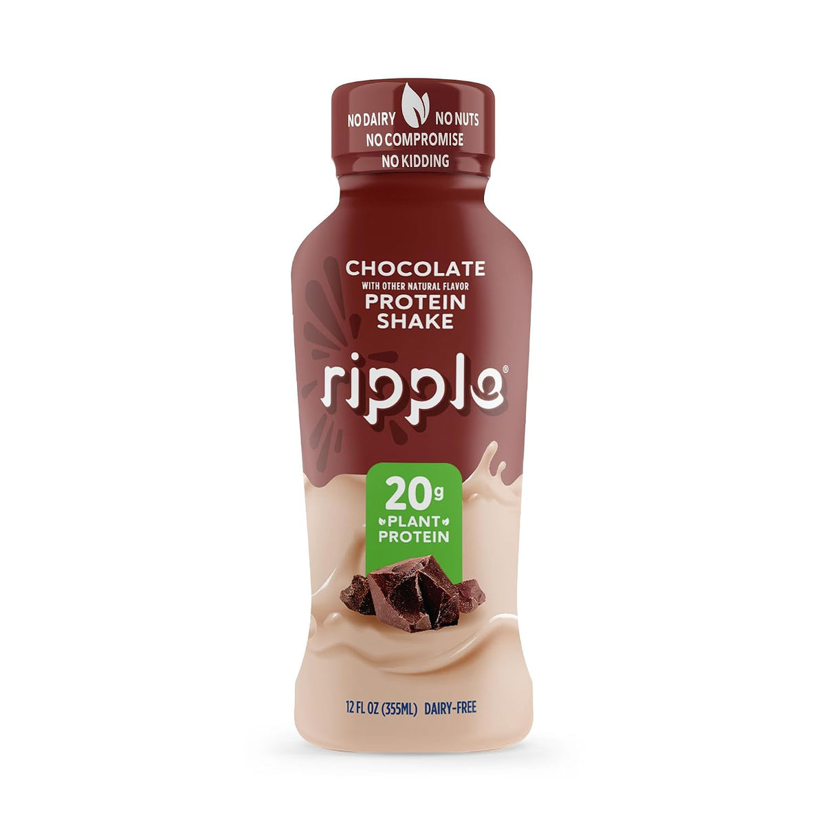 Ripple Chocolate Plant Based Protein Shake | 20g of Quality Sourced Pea Protein, Calcium Rich, Cocoa | Shelf Stable | Vegan & Non GMO | Dairy, Soy, Nut, & Gluten Free | 12 Fl Oz Bottles (Pack of 12)