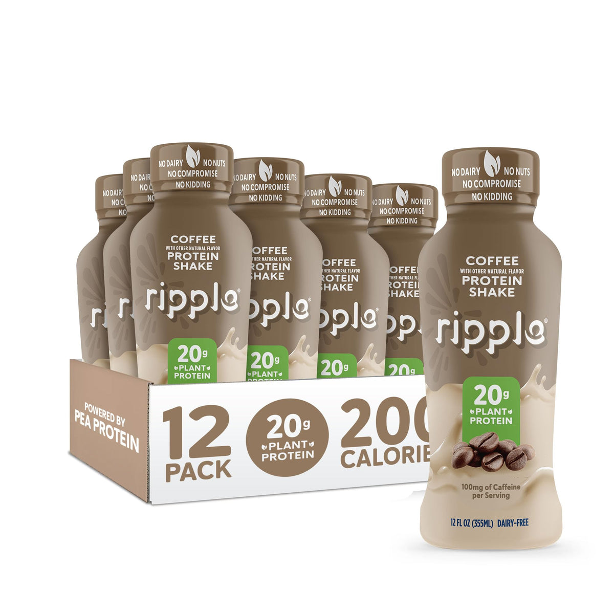 Ripple Chocolate Plant Based Protein Shake | 20g of Quality Sourced Pea Protein, Calcium Rich, Cocoa | Shelf Stable | Vegan & Non GMO | Dairy, Soy, Nut, & Gluten Free | 12 Fl Oz Bottles (Pack of 12)