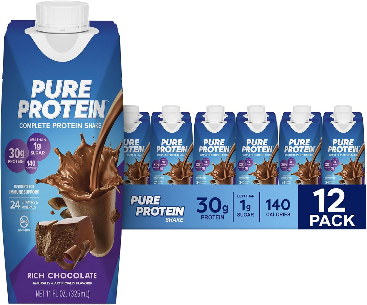 Pure Protein Chocolate Protein Shake & Bars, High Protein, Nutritious Snacks to Support Energy, Low Sugar, Gluten Free, Chocolate Deluxe, 1.76 oz., 12 Count(Pack of 1) (Packaging may vary)