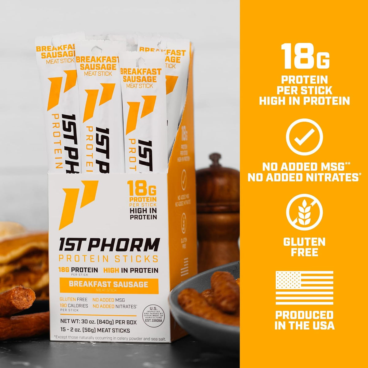 1st Phorm Protein Sticks, Breakfast Sausage, 18g Protein, 15 Count
