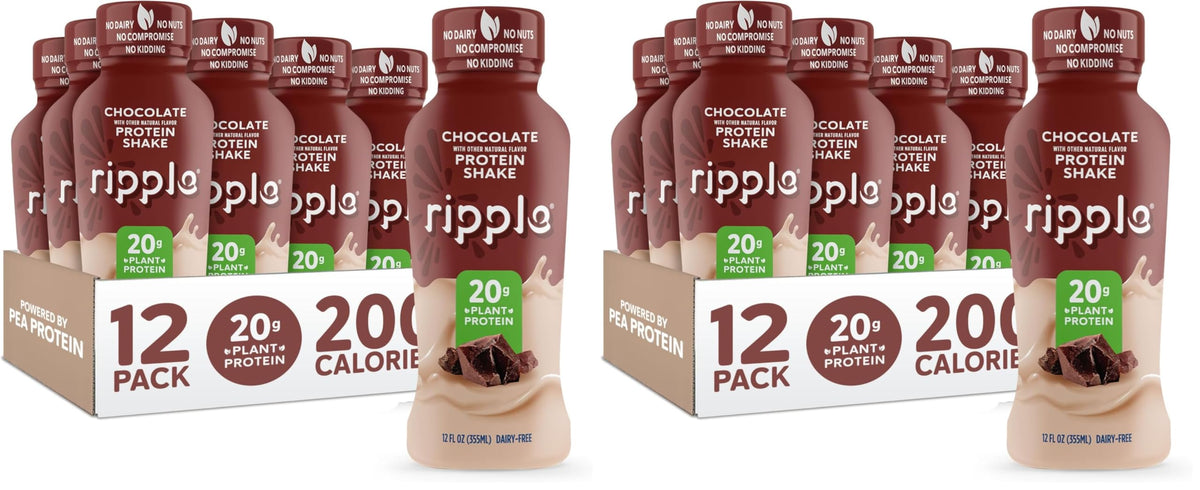 Ripple Chocolate Plant Based Protein Shake | 20g of Quality Sourced Pea Protein, Calcium Rich, Cocoa | Shelf Stable | Vegan & Non GMO | Dairy, Soy, Nut, & Gluten Free | 12 Fl Oz Bottles (Pack of 12)