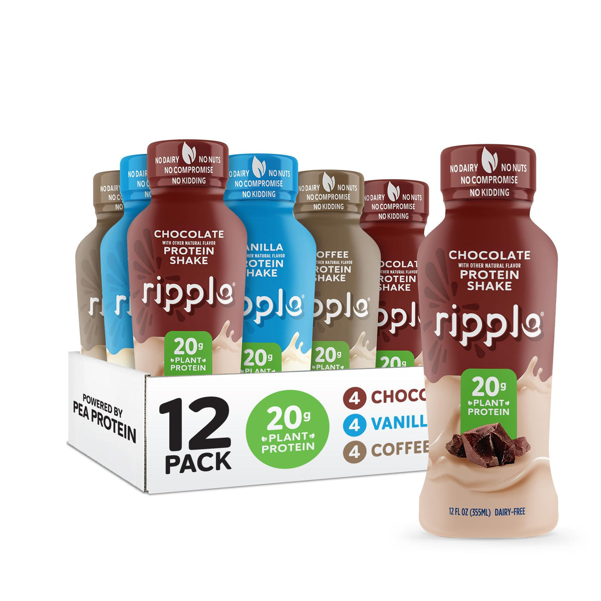Ripple Chocolate Plant Based Protein Shake | 20g of Quality Sourced Pea Protein, Calcium Rich, Cocoa | Shelf Stable | Vegan & Non GMO | Dairy, Soy, Nut, & Gluten Free | 12 Fl Oz Bottles (Pack of 12)