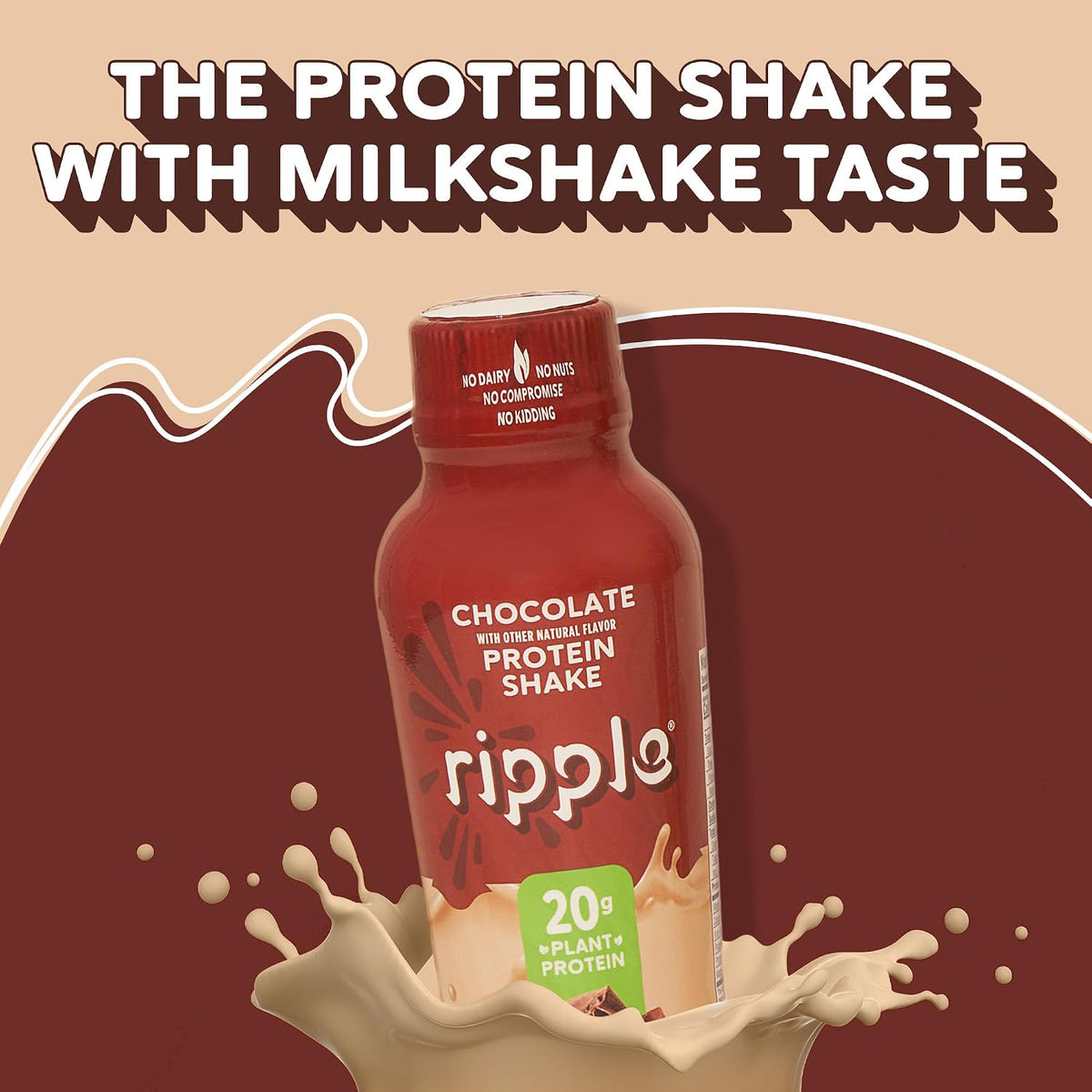 Ripple Chocolate Plant Based Protein Shake | 20g of Quality Sourced Pea Protein, Calcium Rich, Cocoa | Shelf Stable | Vegan & Non GMO | Dairy, Soy, Nut, & Gluten Free | 12 Fl Oz Bottles (Pack of 12)