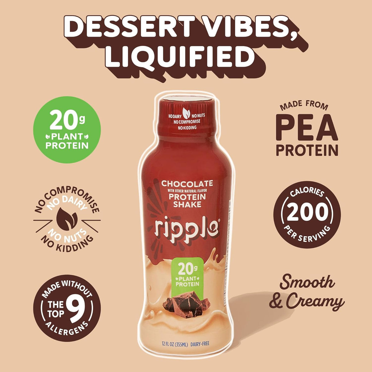 Ripple Chocolate Plant Based Protein Shake | 20g of Quality Sourced Pea Protein, Calcium Rich, Cocoa | Shelf Stable | Vegan & Non GMO | Dairy, Soy, Nut, & Gluten Free | 12 Fl Oz Bottles (Pack of 12)