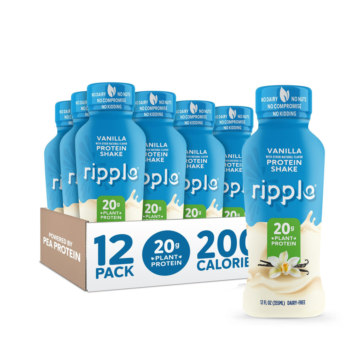Ripple Chocolate Plant Based Protein Shake | 20g of Quality Sourced Pea Protein, Calcium Rich, Cocoa | Shelf Stable | Vegan & Non GMO | Dairy, Soy, Nut, & Gluten Free | 12 Fl Oz Bottles (Pack of 12)