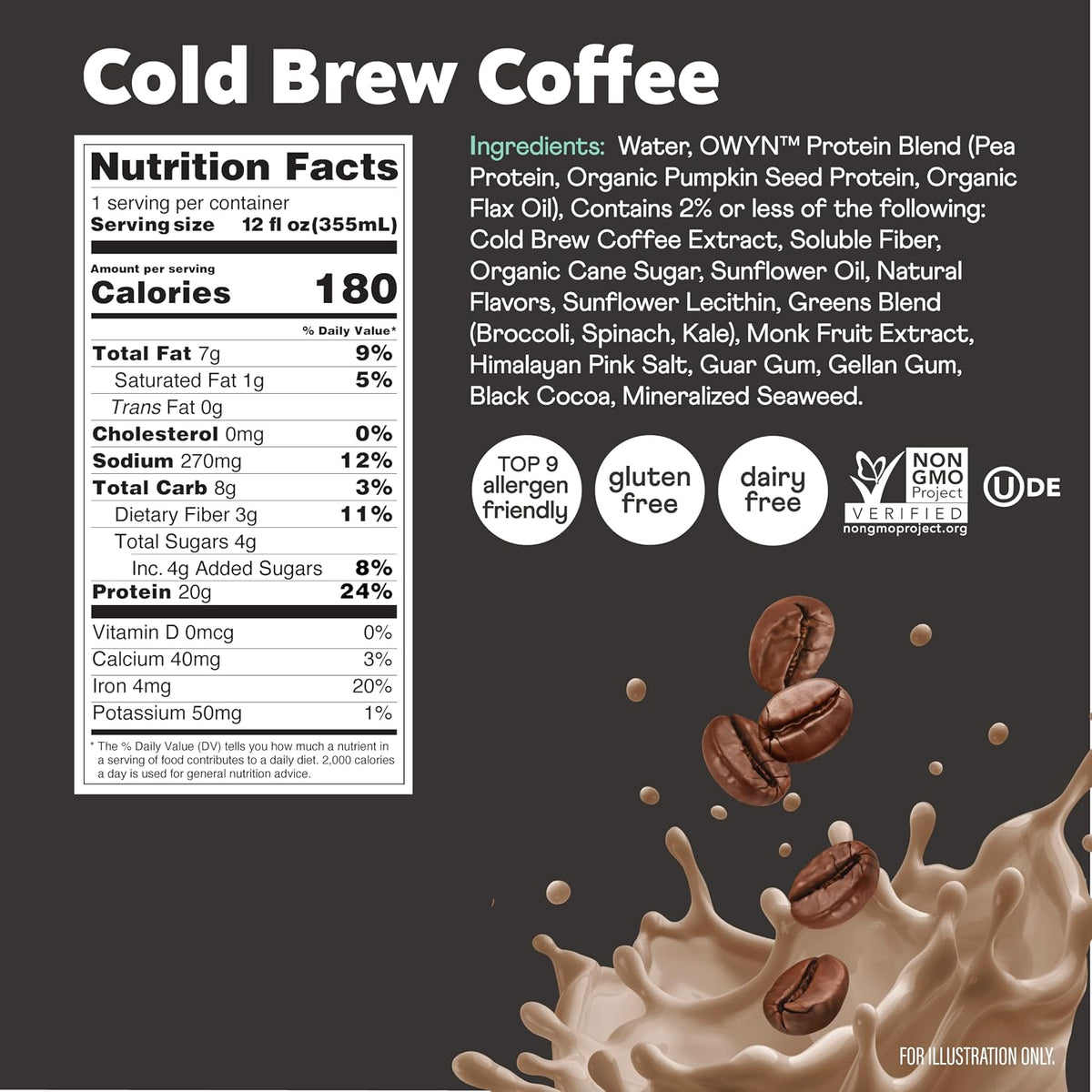OWYN Only What You Need Cold Brew Coffee Flavored 20g Protein Shake, 12 Ct