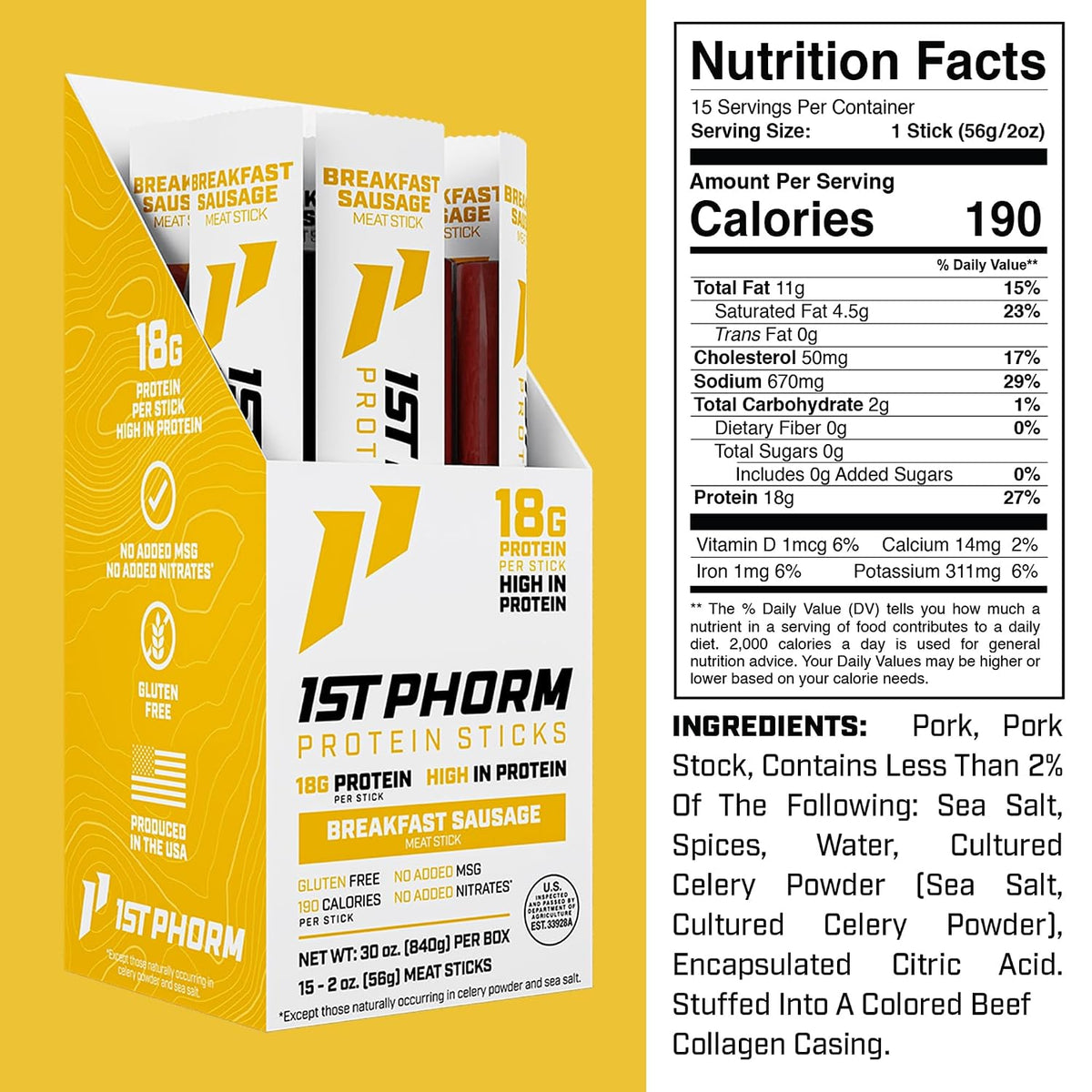 1st Phorm Protein Sticks, Breakfast Sausage, 18g Protein, 15 Count