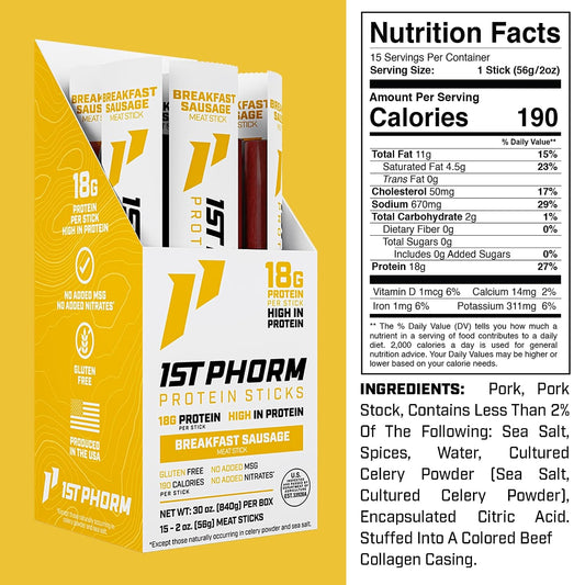 1st Phorm Protein Sticks, Breakfast Sausage, 18g Protein, 15 Count