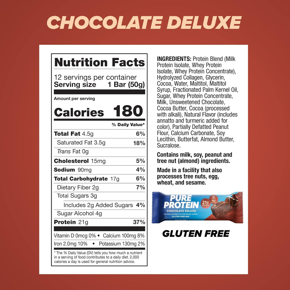 Pure Protein Chocolate Protein Shake & Bars, High Protein, Nutritious Snacks to Support Energy, Low Sugar, Gluten Free, Chocolate Deluxe, 1.76 oz., 12 Count(Pack of 1) (Packaging may vary)