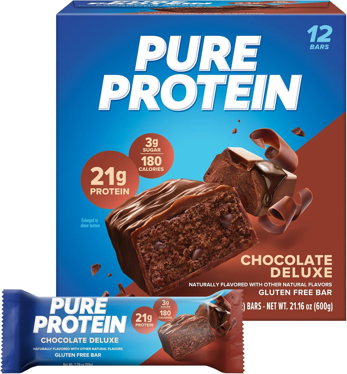 Pure Protein Chocolate Protein Shake & Bars, High Protein, Nutritious Snacks to Support Energy, Low Sugar, Gluten Free, Chocolate Deluxe, 1.76 oz., 12 Count(Pack of 1) (Packaging may vary)